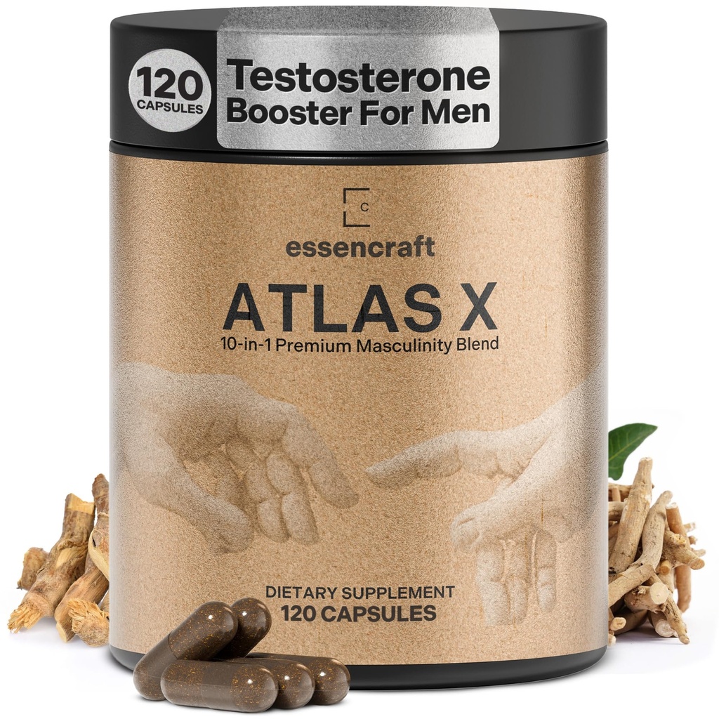 ATLAS X 10-en-1 Maximiser la Masculinité Supplément pour les hommes - Capsules d'énergie, de force et de vitalité avec Shilajit, Ashwagandha, Zinc, Safed Musli, Tongkat Ali, Black Maca, Fadogia Agresti, 2 mois d'approvisionnement
