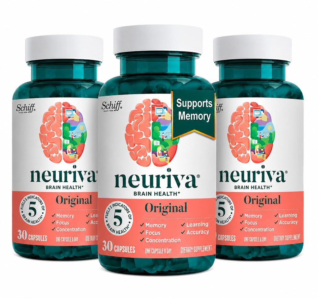 NEURIVA Supplément Cerveau original pour la mémoire, la concentration et la concentration + Apprentissage et Exactitude avec Nootropics testés cliniquement Phosphatidylsérine et neurofacteur, Sans caféine, 30 Capsules (3 Pack)