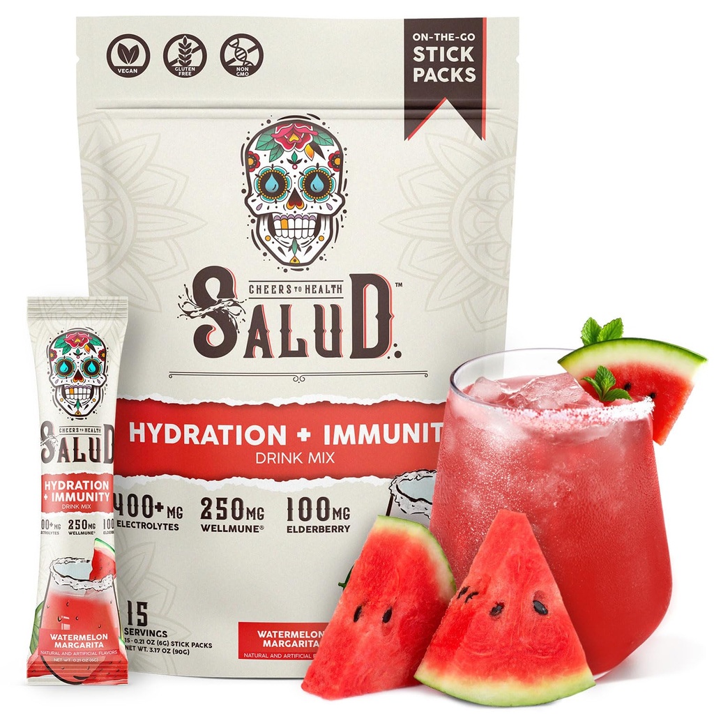 Salud 2-en-1 Hydratation et immunité Electrolytes Poudre, Pastèque Margarita - 15 portions, Agua Fresca Mélange de boissons, Elderberry, Laiterie et sans soja, Non-OGM, Sans gluten, Vegan, Basse-Californie, Sucre 1G
