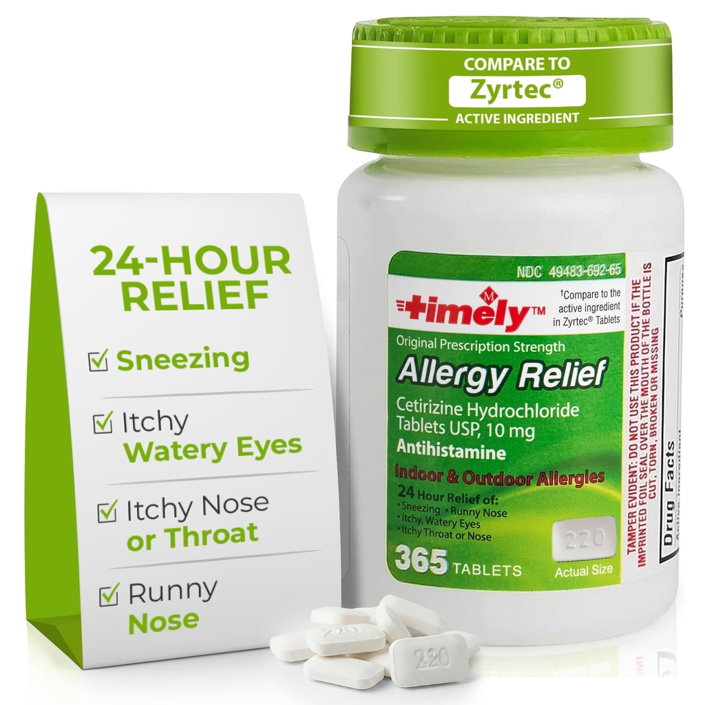 TIME-CAP LABS, INC. Timely Cetirizine HCl 10 Mg 365 Tabletten - 24 Stunden Allergy Relief von Niesen, Runny Nose, Itchy Watery Eyes, Itchy Throat oder Nase