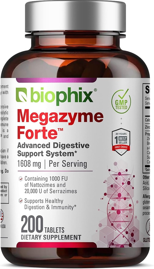 biophix Megazyme Forte 200 Comprimés - Enzymes protéolytiques naturelles des plantes Nattozimes Serrazimes soutient le système digestif santé immunitaire