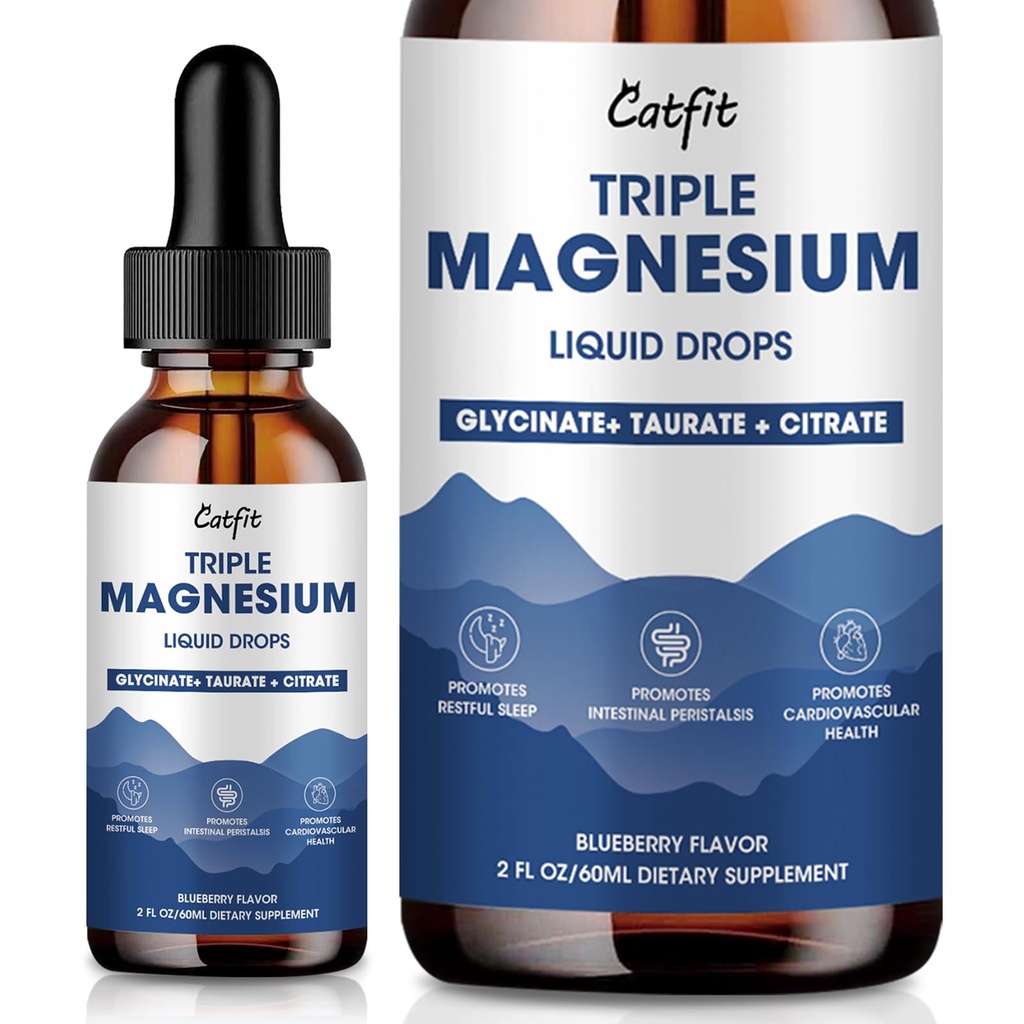 Glycinat de magnésium gouttes liquides avec Taurate et Citrate, supplément de magnésium pour le sommeil, le calme et la relaxation, avec potassium et oméga-3, formule d'absorption élevée, Blueberry Flavor, 2 Fl Oz