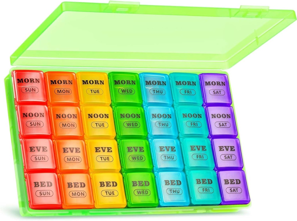XL Large Weekly Pill Organizer 4 fois par jour, 7 jours Pill Boxes and Organizer AM PM, Gros Compartiments Pill Case, Mensuel Medicating Organizer 28 jours Distributeur d'huiles de poisson