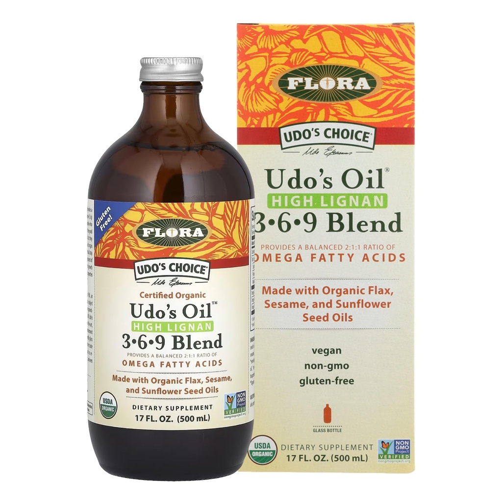 Flora - Udo's Choice High-Lignan 369 Omega Öl-Mischung, Udo's Oil Balanced 2:1:1 Verhältnis von Omega Fatty Acids, Hergestellt mit Bio Flax, Sesam & Sunflower Seed Oils, 17-oz. Glasflasche
