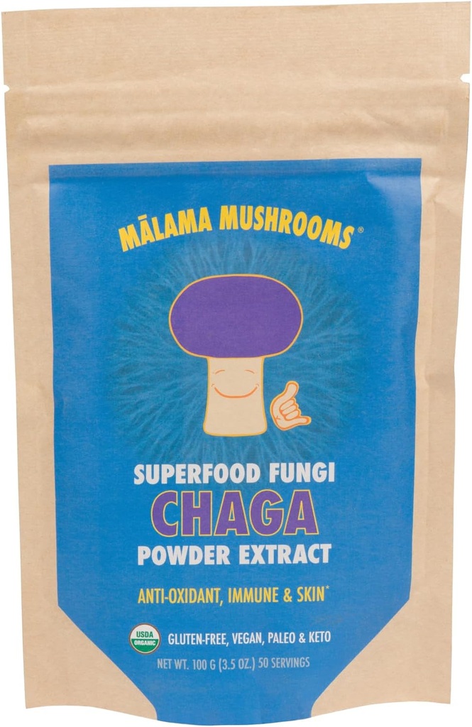 Chaga Extract Powder by Malama, Organic Fruiting Body Chaga Mushroom Powder, Superfood Adaptogenic, Supports Immune System, Skin Health, and Fatigue, 100 Servings