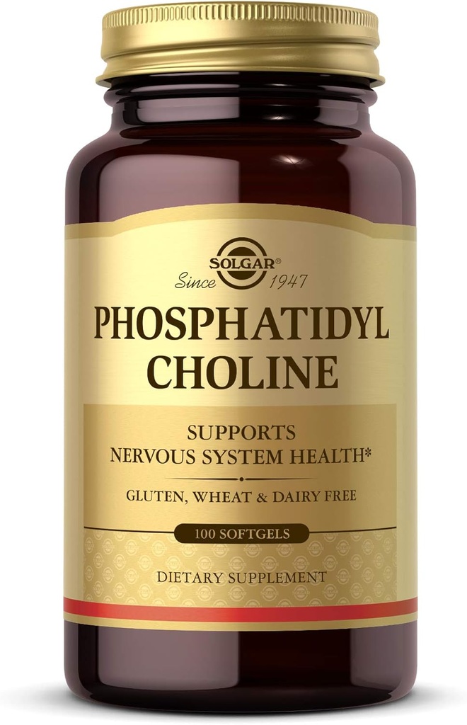 Solgar Phosphatidylcholin, 100 Softgels - Gesunde kognitive Funktion fördern - Von Lecithin abgeleitet - Enthält Choline für Neurotransmitter Acetylcholin - Glutenfrei, Dairyfrei - 50 Portionen