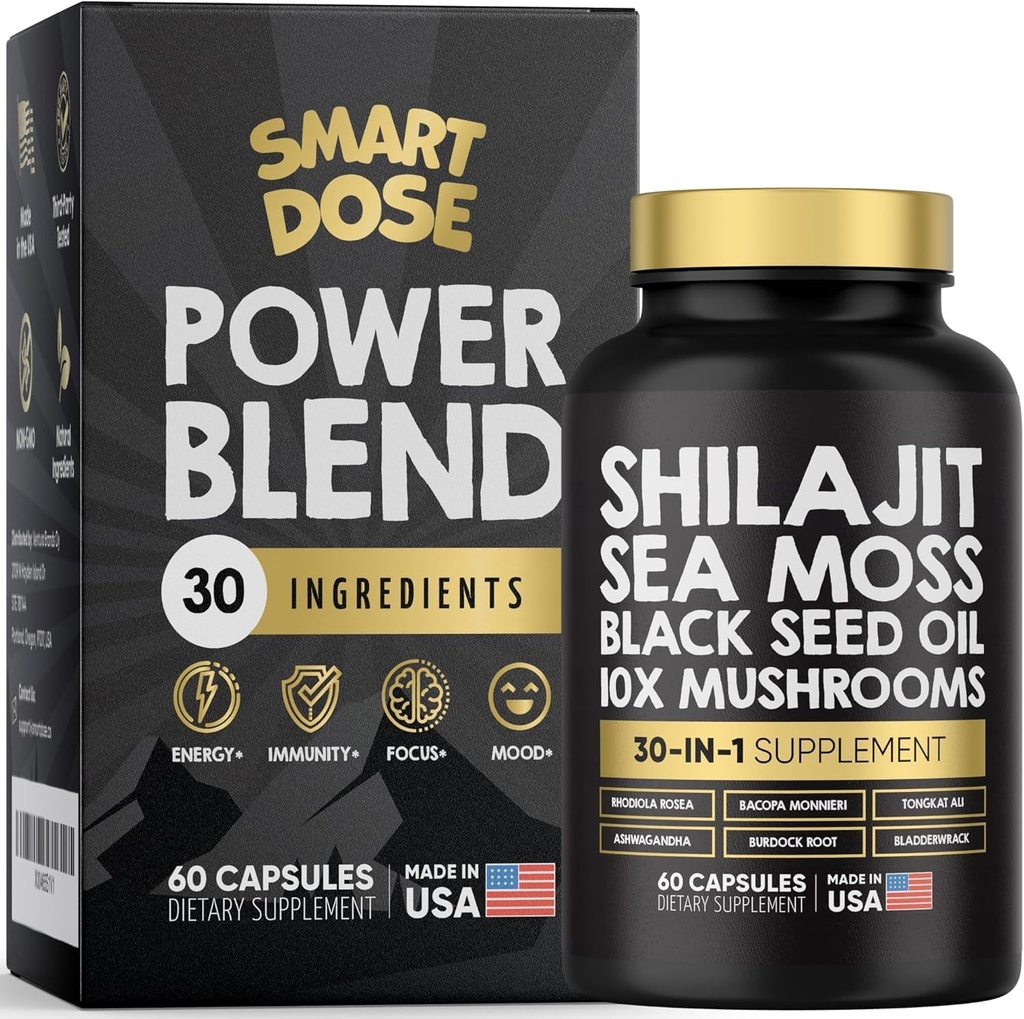 Power Blend Kapseln - 30-in-1 Supplement Bundle mit Shilajit 6000mg, Sea Moss 4000mg, Black Seed Oil 4000mg, Ashwagandha 2000mg, 10x Pilze, Tongkat Ali, Maca, ganzheitliche Pillen Combo