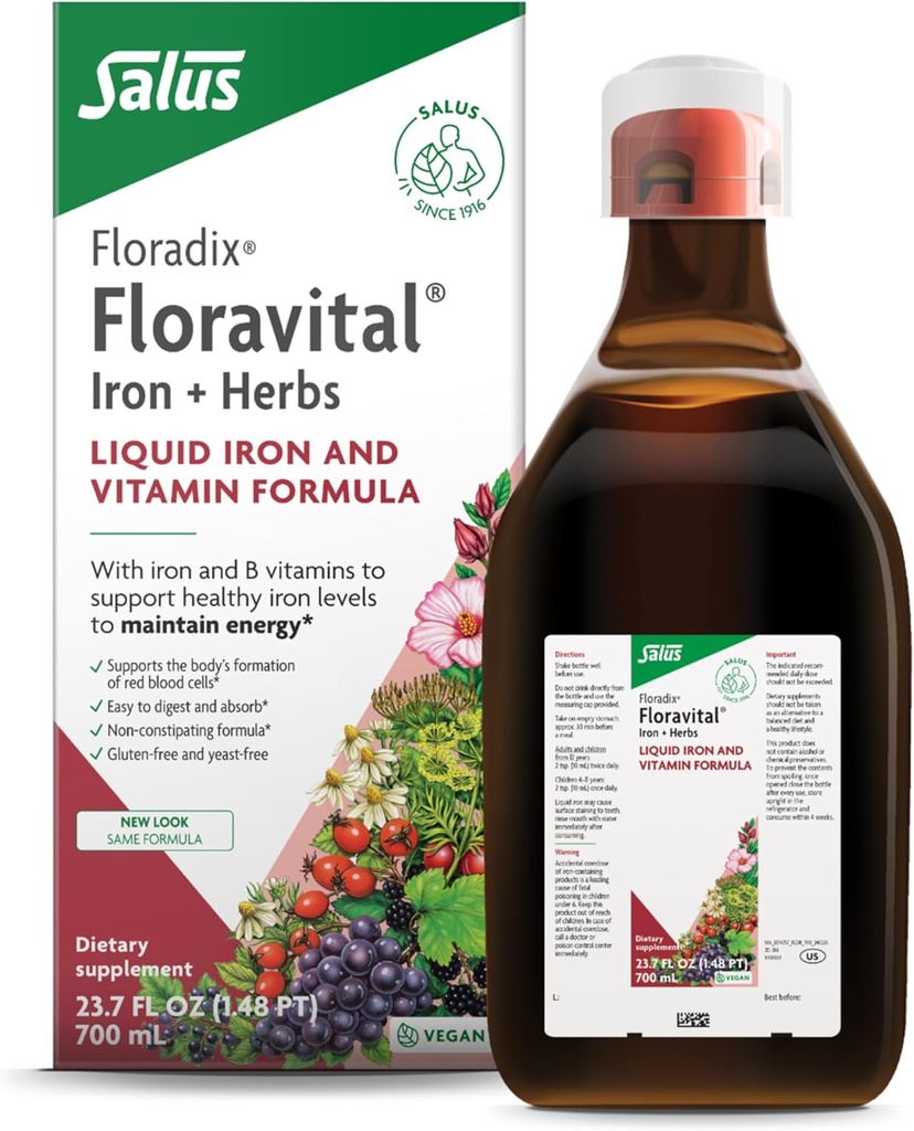 Floradix Floravital Liquid Iron & Vitamin Formula - Liquid Iron Supplement with C & B Vitamins & Herbs for Energy Support - Vegan, Gluten-Free, Yeast-Free & Non-GMO - 23.7 Fl Oz
