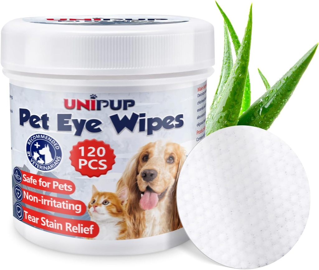 Dog Eye Wipes,Dog Tear Stain Remover for Dogs & Cats, 120pcs Entfernen Eye Discharge, Coconut Oil Cat Eye Wipes, Tear Stain Wipes für Hunde verhindert Augeninfektionen, natürliche Inhaltsstoffe
