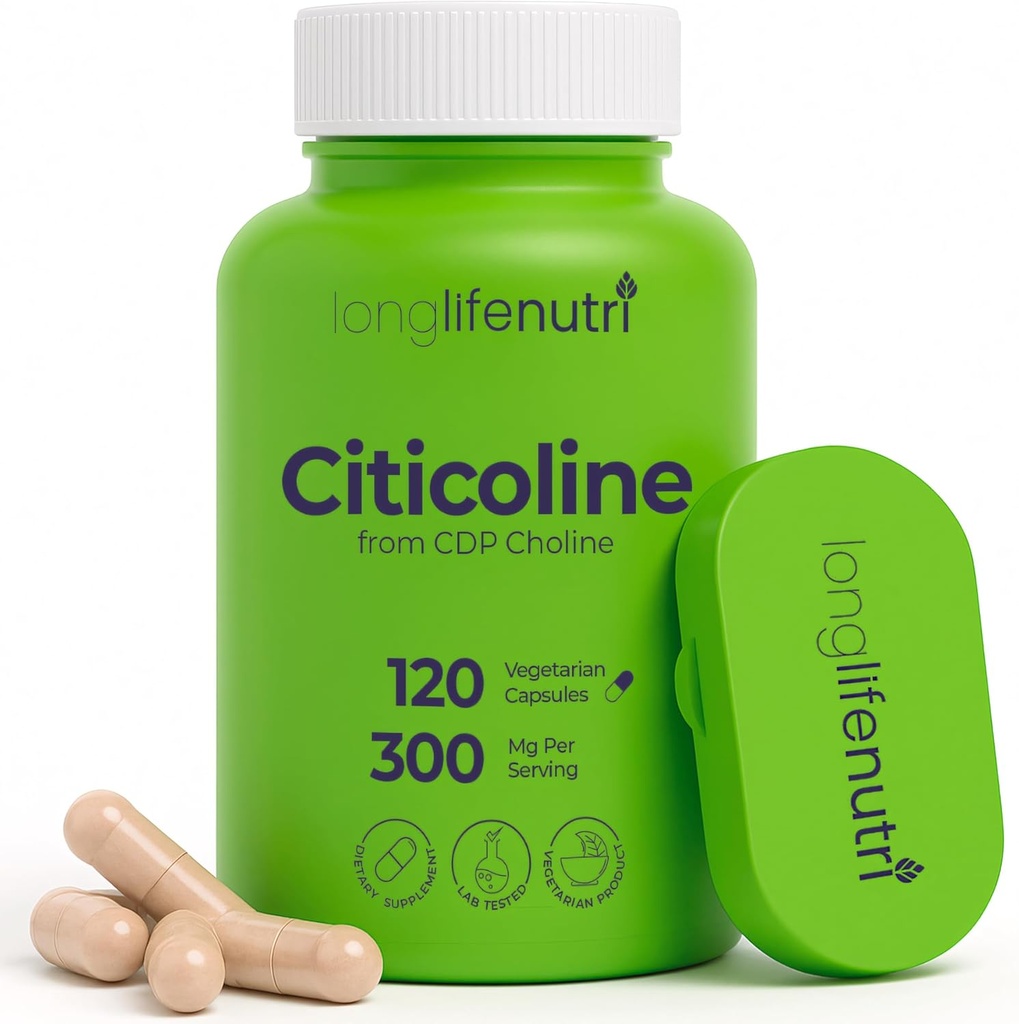 LongLifeNutri Citicoline (CDP-Choline) 300 mg, 120 vegetarische Kapseln, 4-Monats-Versorgung, GMP zertifiziert, Made in USA