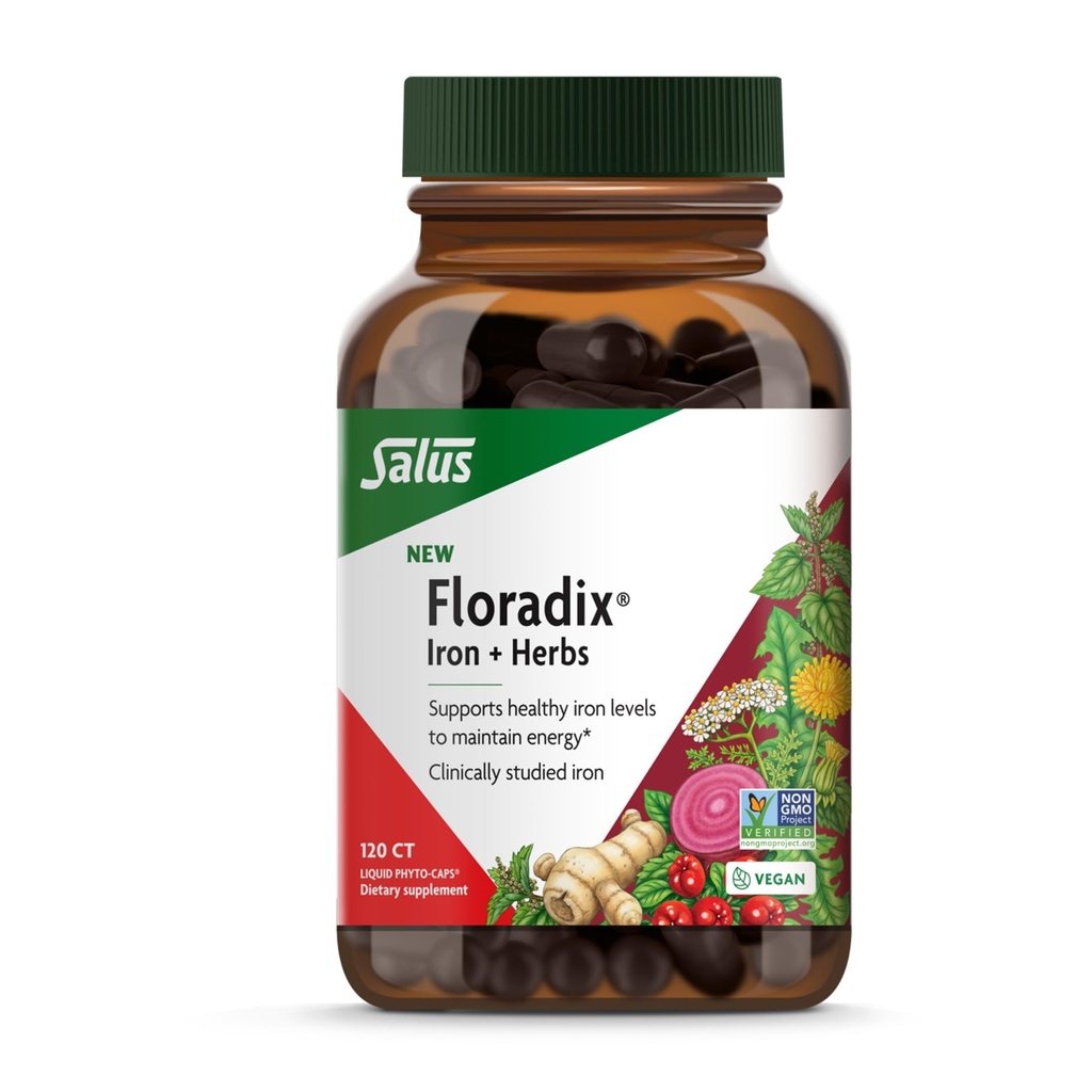 Floradix Iron + Kräuter - Eisen-Ergänzung für gesunde Energie-Support* - Unterstützt Rote Blutzellbildung - Vegan, Non-GMO, Glutenfrei, Sojafrei - 120 flüssige Phyto-Kaps
