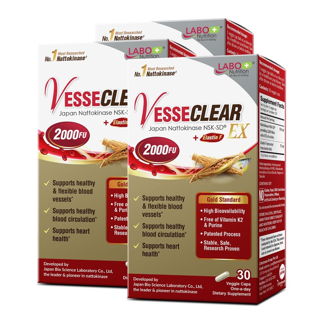LABO Nutrition VesseCLEAR EX: Nattokinase NSK-SD+Elastine F pour vaisseaux sanguins propres et flexibles. Dose fonctionnelle la plus étudiée cliniquement, gélules résistantes à l'acide/délayées, 90 Nombre