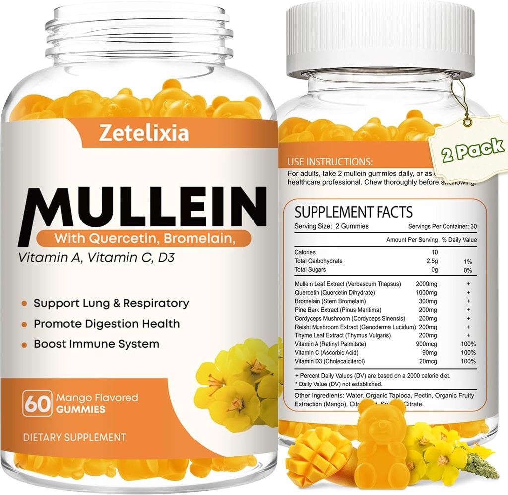 Mullein Gummies für klare Lunge, 10 in 1 Mullein Blatt Extrakt für Lunge, Mullein Quercetin Gummies für Lung Cleanse, Respirator, Immunität, Mango Flavor, 120 Count