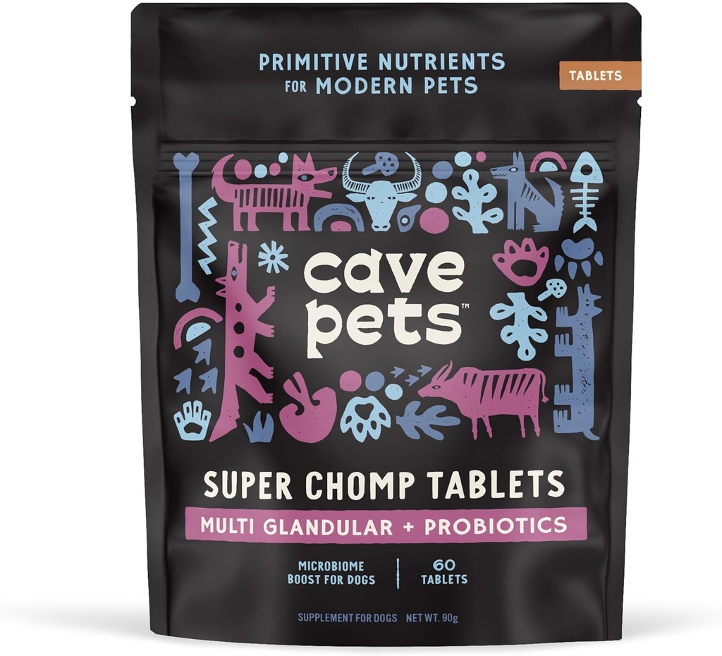 Cave Pets, Super Chomp Tablets, Dog Probiotic Supplement für Verdauungsmedizin, Multi-Glandular & Probiotics, 60 Tabletten