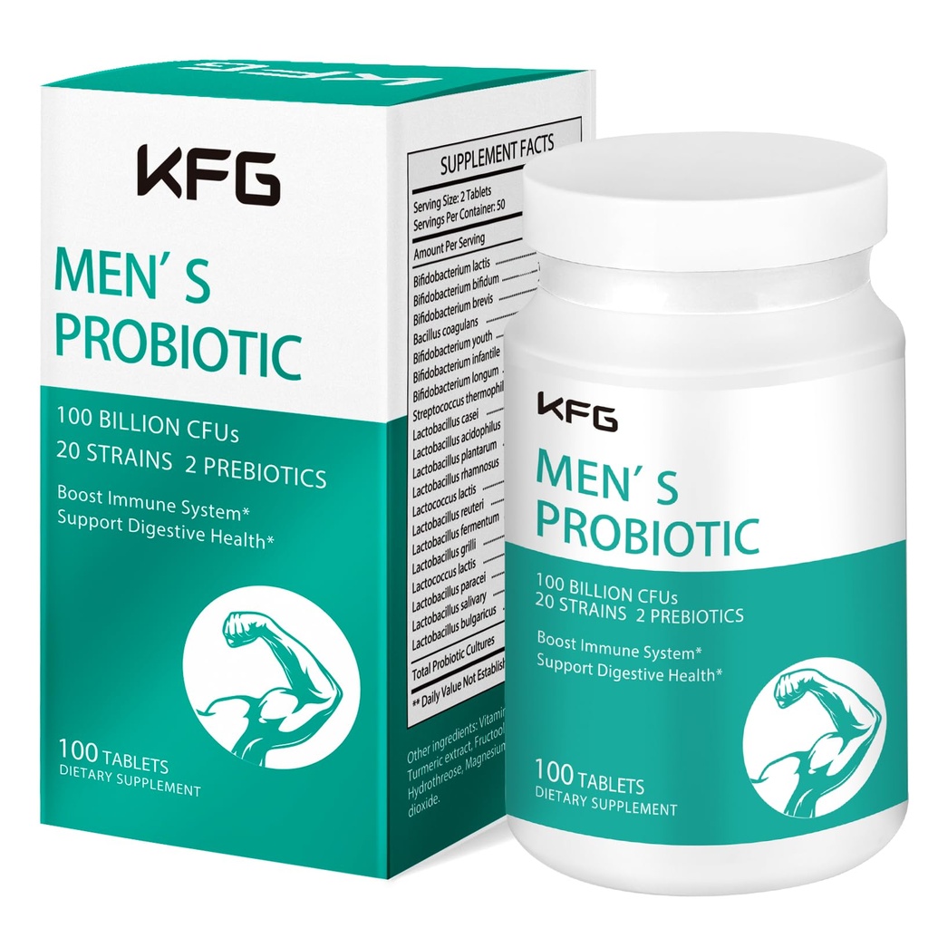KFG Probiotic Supplement 100 milliards CFU, 20 souches, 2 prébiotiques et enzymes digestives, soutient la digestion, le soutien immunitaire, la santé et le métabolisme, non OGM, sans gluten et sans soja, 100 comprimés