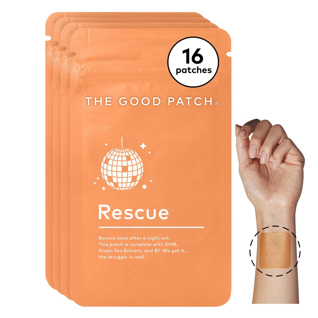 The Good Patch Rescue Recovery Patch, Natural Patch with DHM, Vitamin B1, and Green Tea, Plant-Powered Wearable Wellness, Support After a Night Out (16 Total Patches)