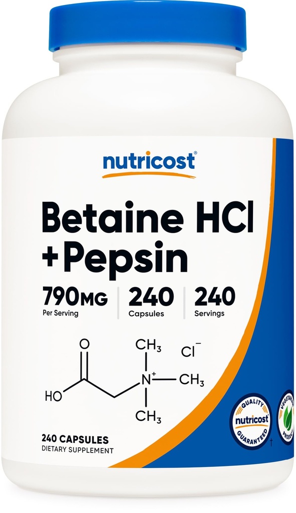 Nutricost Betaine HCl + Pepsin 790mg, 240 Kapseln - Vegetarisch & GMO Kostenlos