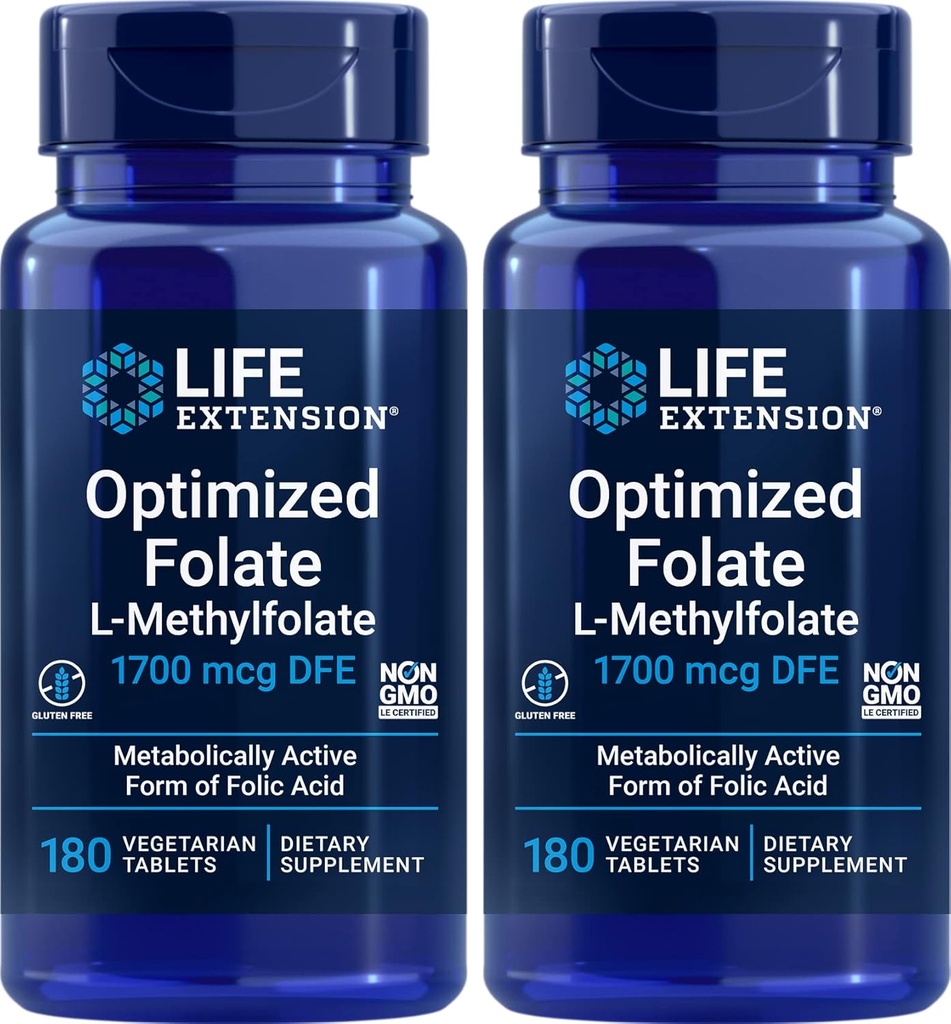Prolongation de la durée de vie Folate optimisé (L-méthylfolate) 1700 mcg DFE, 180 comprimés de légumes (paquet de 2)