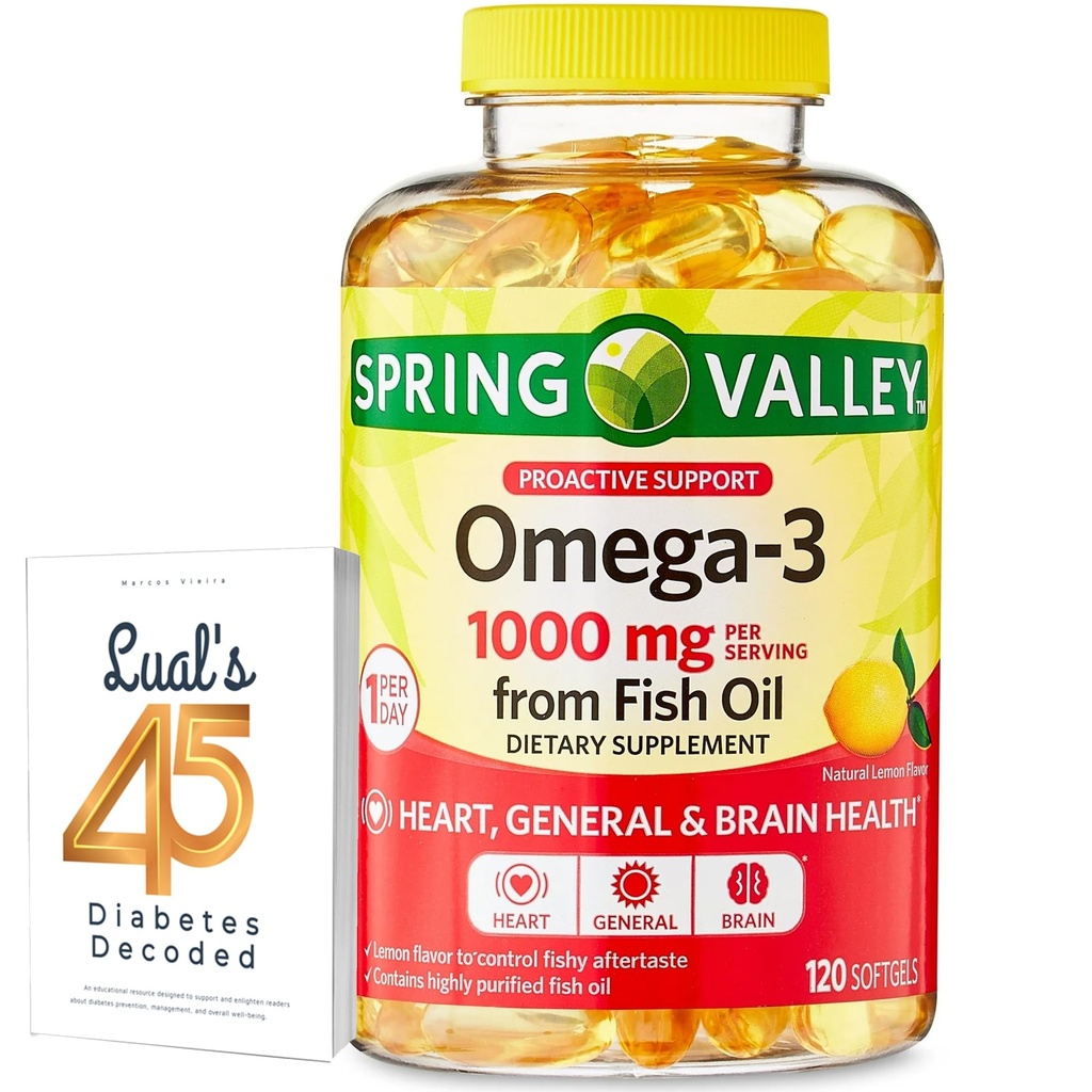 Omega-3 von Fish Oil Heart General & Brain Health Nahrungsergänzungsmittel Softgels, 1000 mg, 120 Count Bundle mit Lualls 45 Diabetes Decodiert