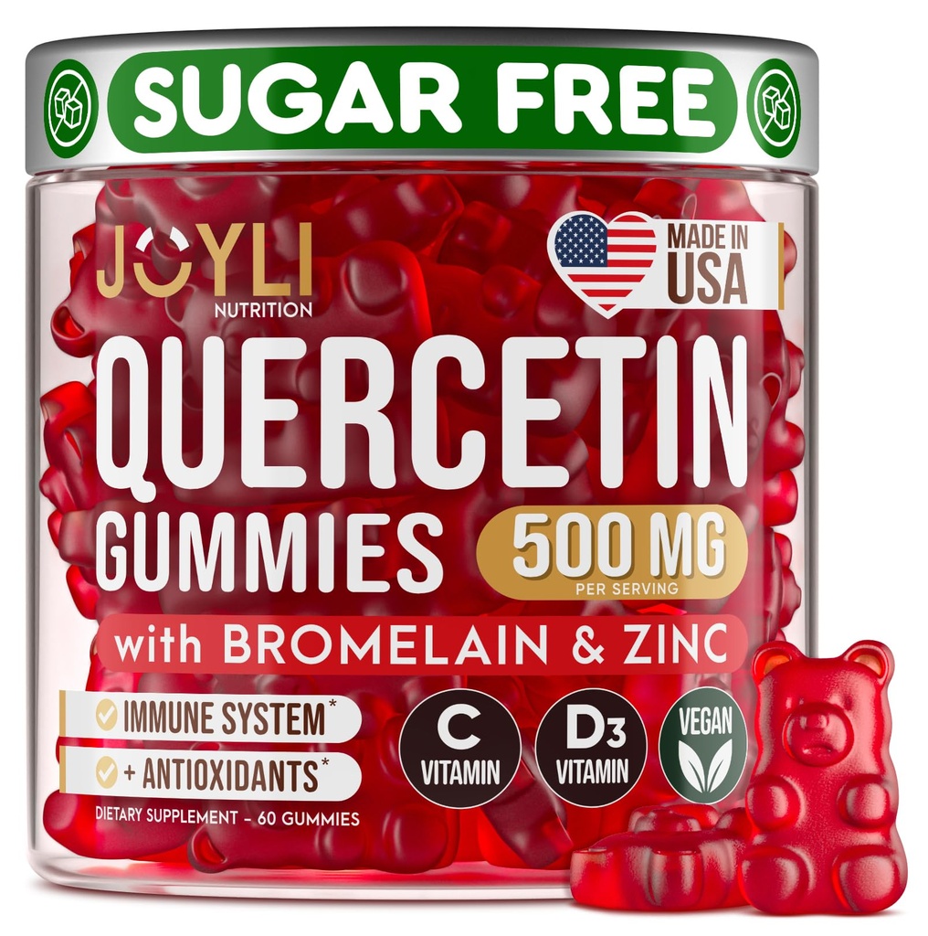 JOYLI Quercetin Gummies - Quercetin mit Bromelain Zink Vitamin C & Vitamin D3 - Quercetin Supplement 500MG für Immunsystem & Allergie - Quercetin für Kinder und Erwachsene - 60 Quercetin Kaubar