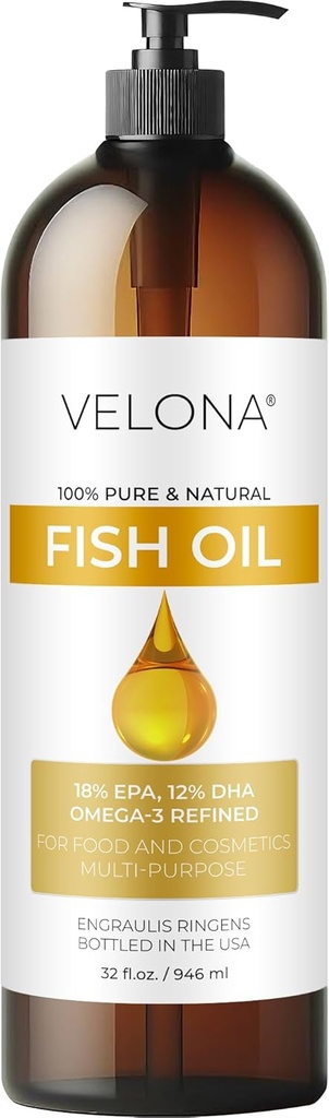 Fisch Omega-3 Öl von Velona - 32 Fl Oz | 100% reines und natürliches Trägeröl | Raffiniert | Vitamin E, D, Omega-3 | Kochen, Haut, Gesicht, Körper, Haarpflege | Heute verwenden - Genießen Sie Ergebnisse