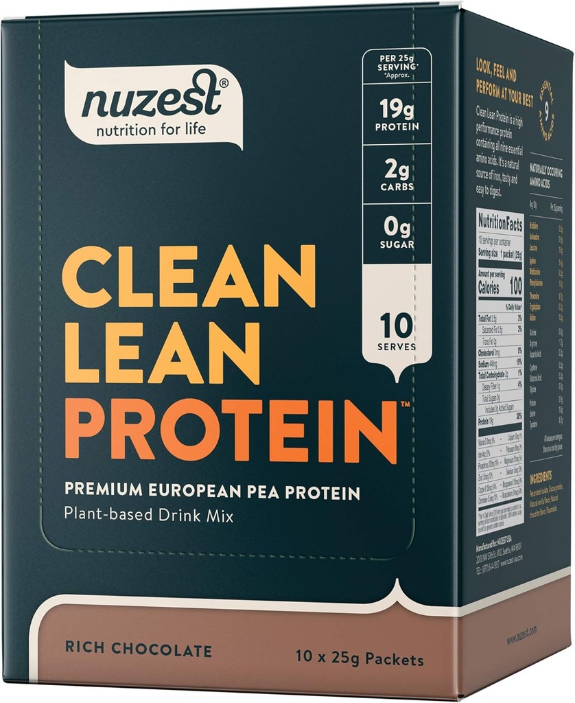 Nuzest - Pea Protein Powder - Clean Lean Protein, Premium Vegan Plant Based Protein Powder, Dairy Free, Gluten Free, GMO Free, Protein Shake, Rich Chocolate, 0.9 oz, (Pack von 10)