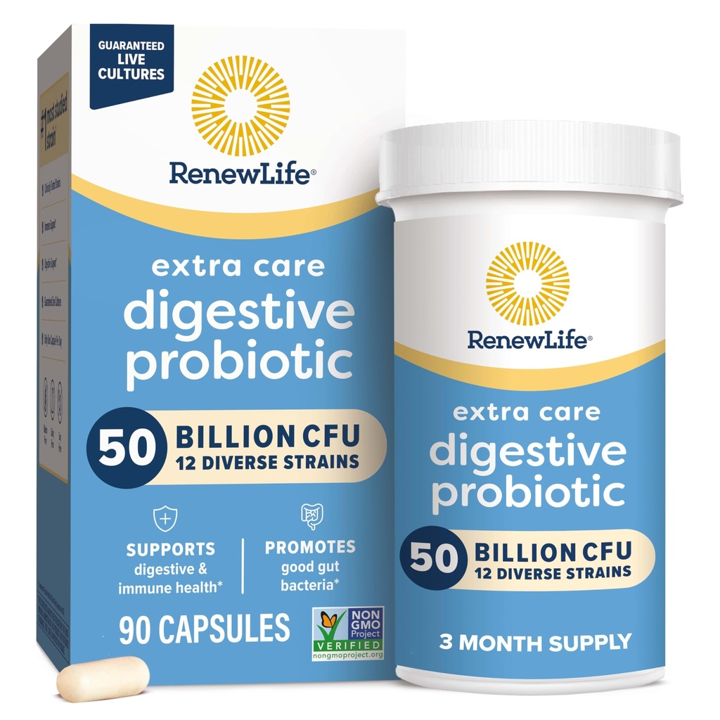 Renew Life Extra Care Digestive Probiotic Capsules, 50 Billion CFU Garantiert, Tägliche Ergänzung unterstützt Immun-, Verdauungs-, Atmungs-Gesundheit(1), L. Rhamnosus GG, Dairy, Soy und Gluten-Free, 90 Count