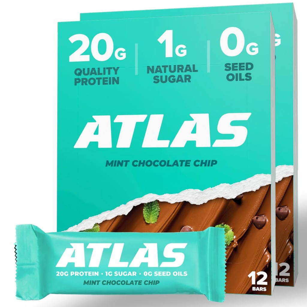 Atlas Protein Bar, 20g Protein, 1g Zucker, Saubere Zutaten, Glutenfrei, Minze Schokolade Chip (12 Zähler, Packung von 2)