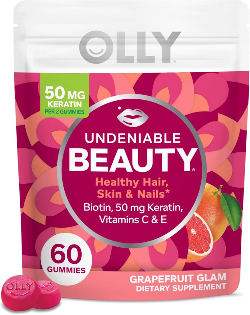 OLLY Undeniable Beauty Gummy, Für Haare, Haut, Nägel, Biotin, Vitamin C, Keratin, Kaubare Ergänzung, Grapefruit, 30 Tage Versorgung - 60 Count