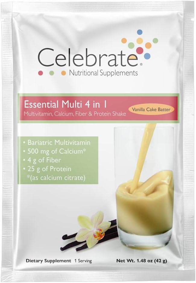 Célébrez les vitamines 4-en-1 Multivitamine bariatrique avec un mélange de protéines de citrate de calcium, 500mg Calcium, pour la chirurgie post-baratrique, Cake Batter, 15 Packets à usage unique