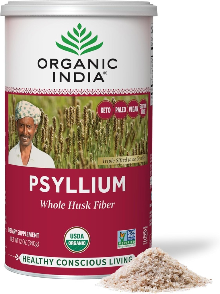 ORGANIC INDIA Psyllium Herbal Powder - Whole Husk Fiber, Vegan, Gluten-Free, USDA Certified Organic, Non-GMO, Soluble & Insoluble Fiber Source - 12 Oz Canister (Pack of 1)