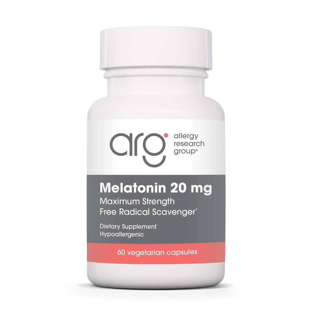 Groupe de recherche sur l'allergie Mélatonine 20mg - Mélatonine pure, force supplémentaire pour les adultes, aide au sommeil, dose élevée, capsules végétariennes - 60 Nombre