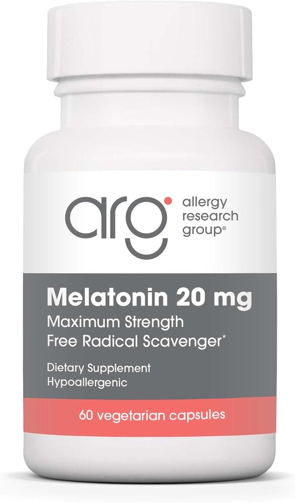 Groupe de recherche sur l'allergie Mélatonine 20mg - Mélatonine pure, force supplémentaire pour les adultes, aide au sommeil, dose élevée, capsules végétariennes - 60 Nombre