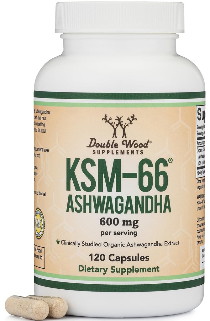 Suppléments en bois double Ashwagandha KSM 66 Extrait biologique et cliniquement étudié (600mg par portion, 120 capsules, 60 portions) Adaptogen Cortisol Manager pour les femmes et les hommes