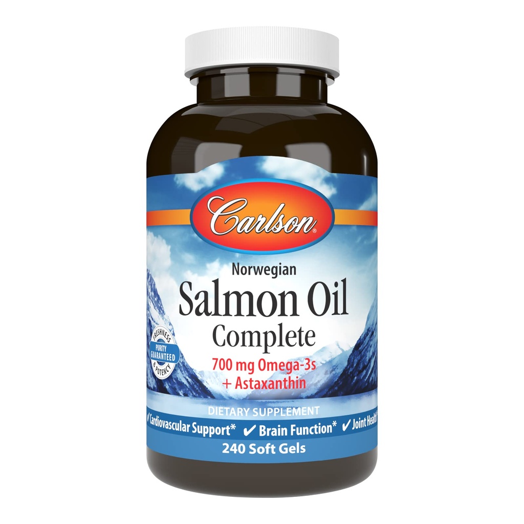 Carlson - Lachsöl komplett, 700 mg Omega-3s + Astaxanthin, Herz-Kreislauf-Unterstützung, Gehirnfunktion & Gelenkgesundheit, Norwegisch, 240 Softgele