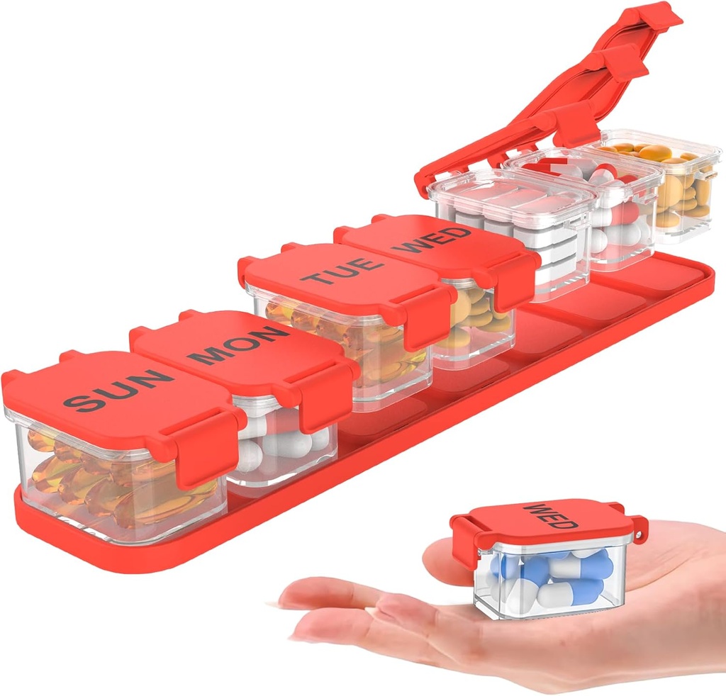 Extra Large Weekly Pill Organizer - Waterproof 7-Day Pill Box, Portable Vitamin & Supplement Case, einfach zu öffnen Design, Ideal für Reisen ein nd Daily Medication Management (Red)