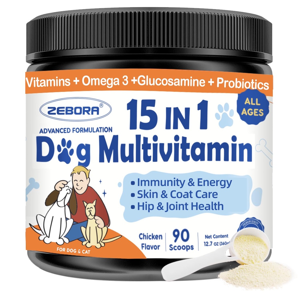 ZEBORA Hunde-Multivitamin-Pulver mit Glucosamin, Hunde-Vitamine und Ergänzungen für Immununterstützung, Haut- und Mantelergänzung mit Omega 3 für Allergie-Relief, Probiotika für Verdauungs- und Gutgesundheit