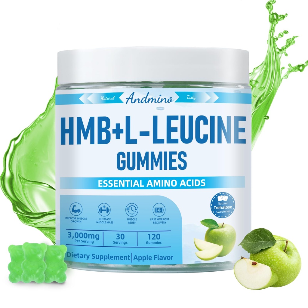 HMB und L-Leucine Gummie, 3000mg, mit Trehalose, für Muskelwachstum, Muskelentlastung und Workout Erholung, für Erwachsene & Ältere, Non-GMO, Vegan, Glutenfrei, Apple Flavor, 120