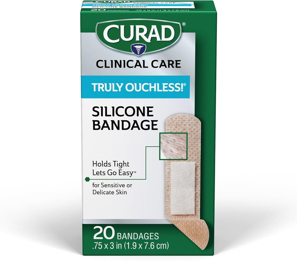 CURAD Truly Ouchless!® Bandes en silicone, .75" x 3", pour peau sensible ou délicate, tissu flexible, protège les éclats, découpes et brûlures, 20 comtes