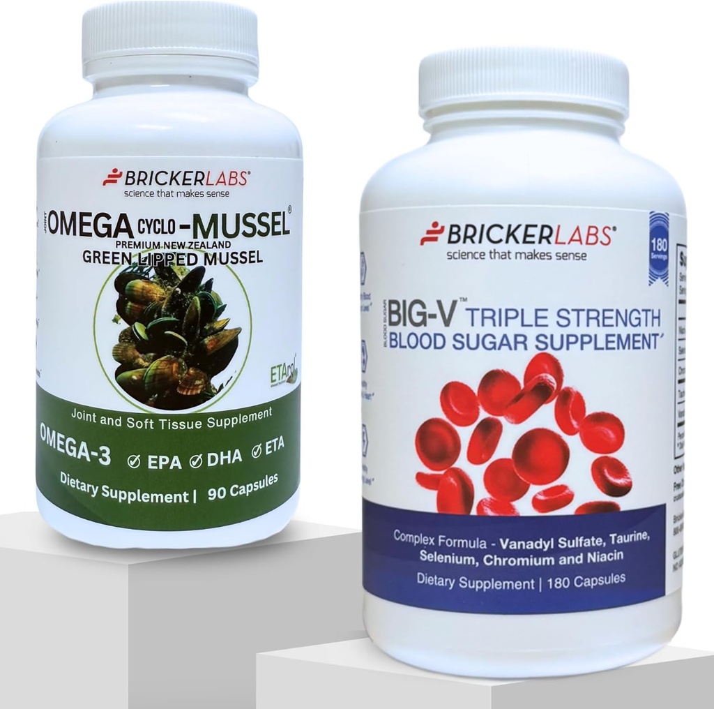 Bricker Labs Joint Comfort and Sugar Balance | Omega Cyclo Mussel für gemeinsame Gesundheit + Big-V Triple Strength Vanadyl für Blutzuckerunterstützung