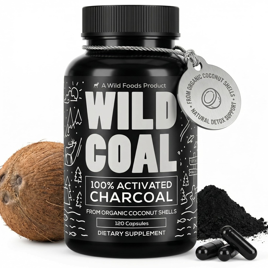 Produits sauvages Capsules de charbon activés 100% Coconut Shells Organiques Comprimés actifs pour Bloating & Hangover