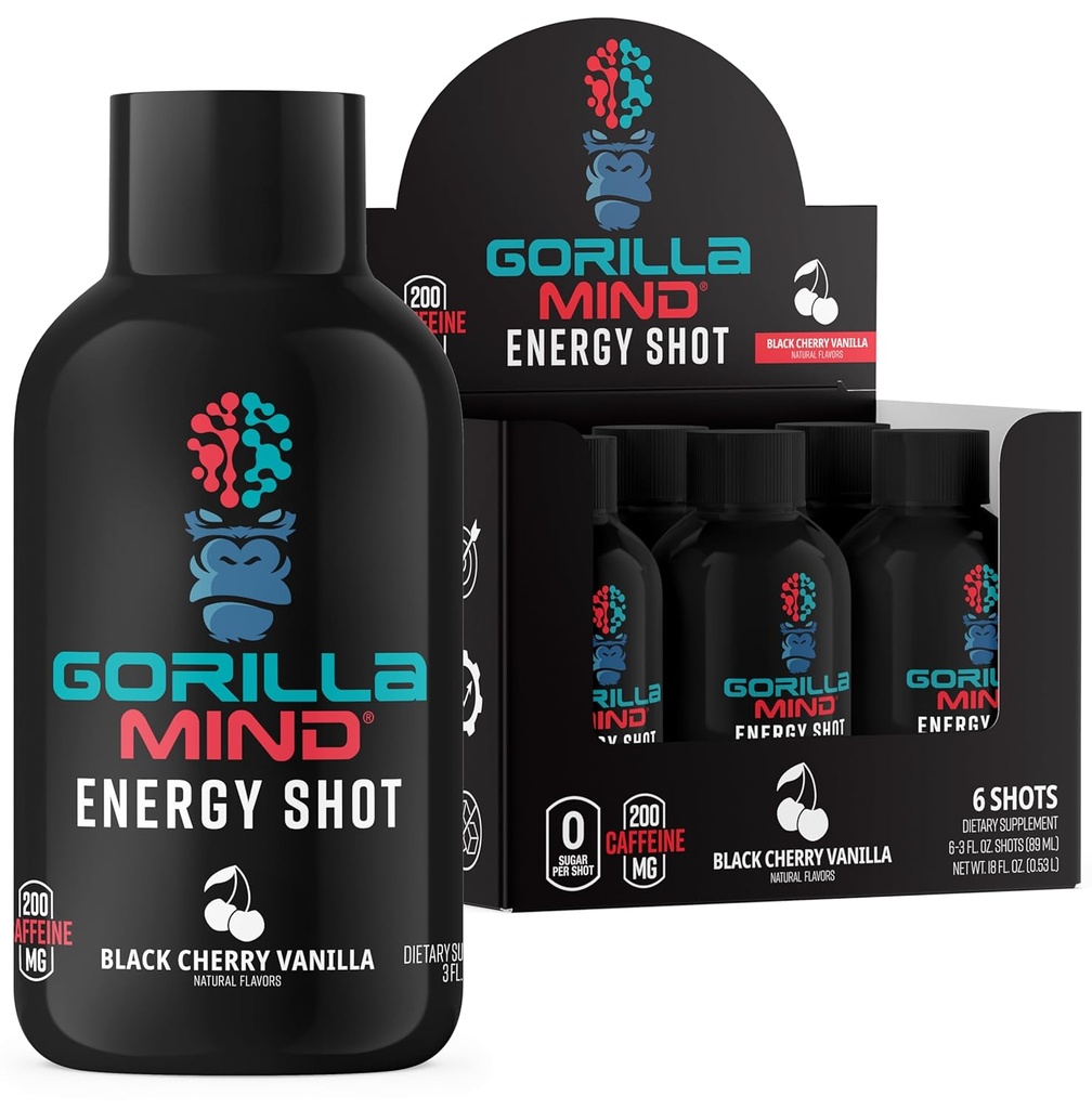 Gorilla Mind Energy Shots (Pack mit 6) - Verbesserter Fokus & Energie, Zuckerfrei, Fast-Acting, Potente Formel mit Vitaminen & Natürliche Extrakte (Black Cherry Vanilla)