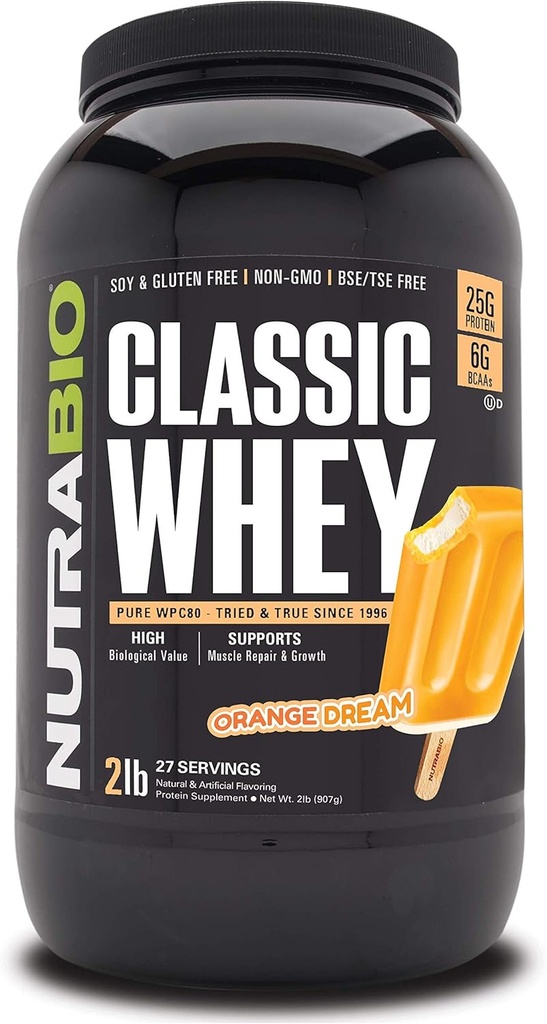 NutraBio Classic Whey Protein Powder- 25G Protein Per Scoop - Full-Spectrum Amino Säureprofil - Keine Füllstoffe, Künstliche Farben, Konservierungsstoffe - Orange Dream, 2 Pfund