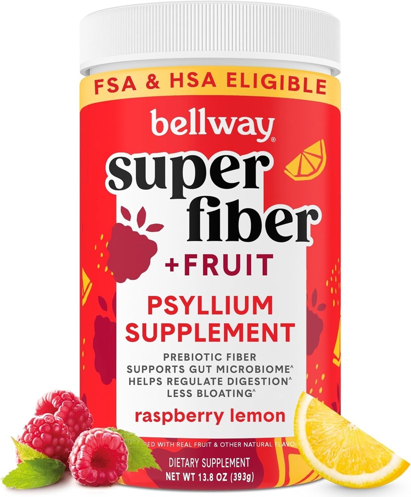 Poudre Super Fibre Bellway + Fruits, Sans Sucre Psyllium Bio Poudre Poudre Fibre Supplément pour la régularité, le dégel et la santé digestive, à base végétale, citron framboise (50 portions)