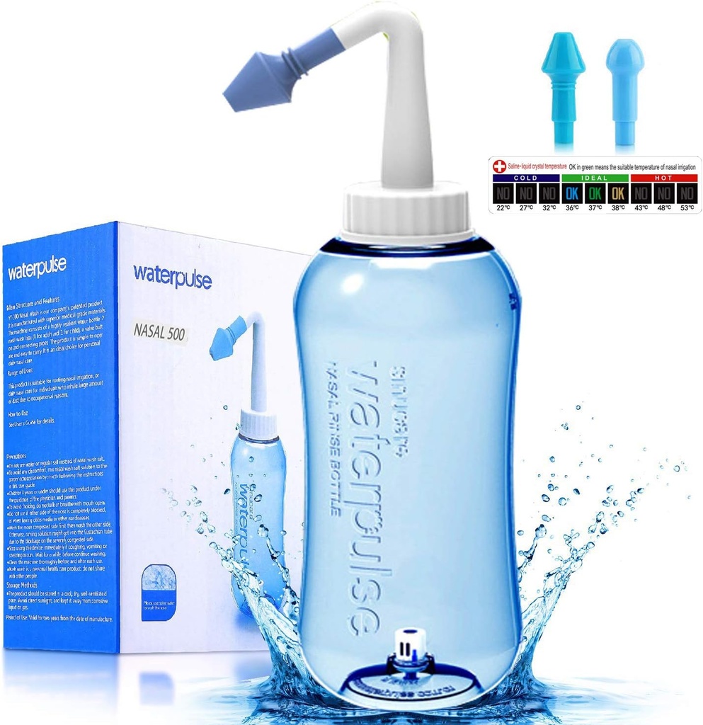 Darate Neti Pot Sinus Rinse Bouteille, Nez Laver Nettoyeur Pression Rincer Irrigation Nasale pour Adulte & Enfant BPA Sans Sticker Thermomètre (500ML)