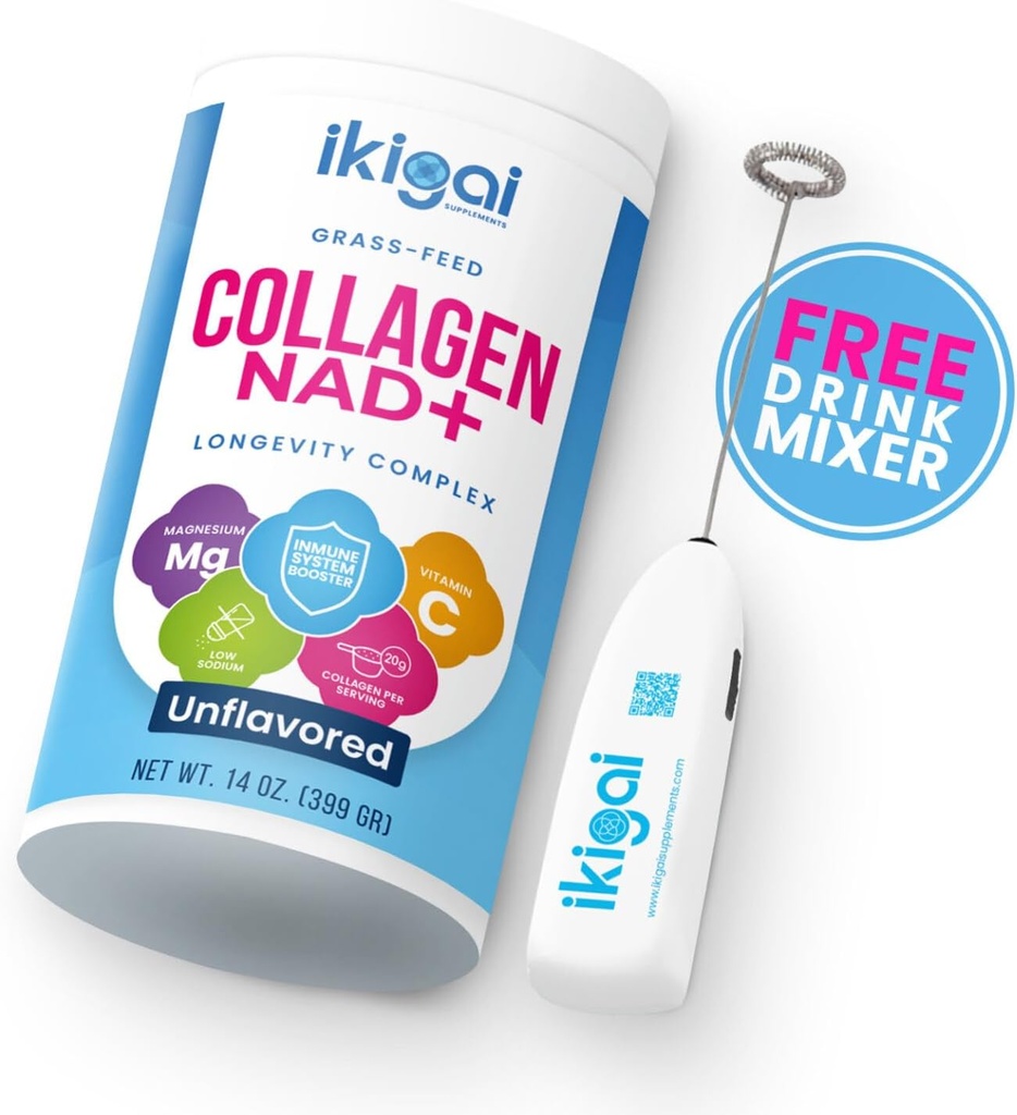 Ikigai Collagen mit NAD+ (30 Servierungen) - Non-GMO, Gluten-Free, Paleo, Kosher - Kein Geschmack, enthält kostenlose Getränke Mixer