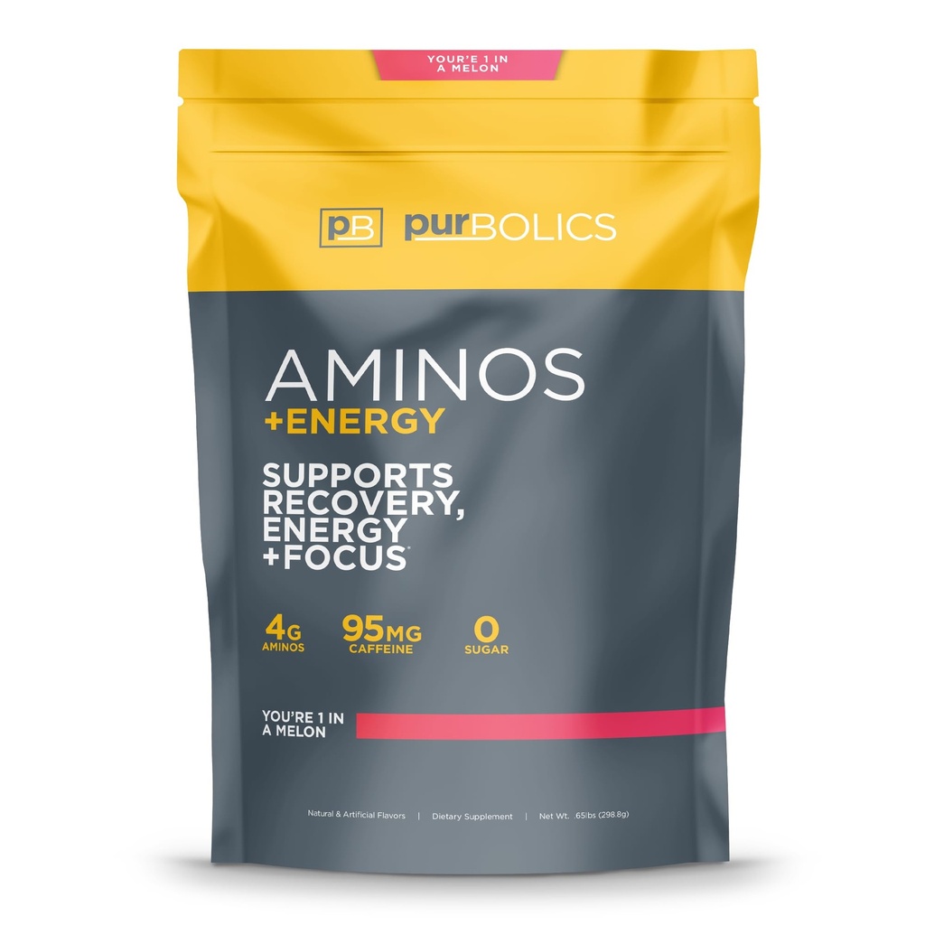 Purbolics Aminos + Energy | Unterstützt Erholung, Energie & Fokus | 95mg Koffein, 0 Zucker & 60 Portionen (Sie sind 1 in einem Melon)