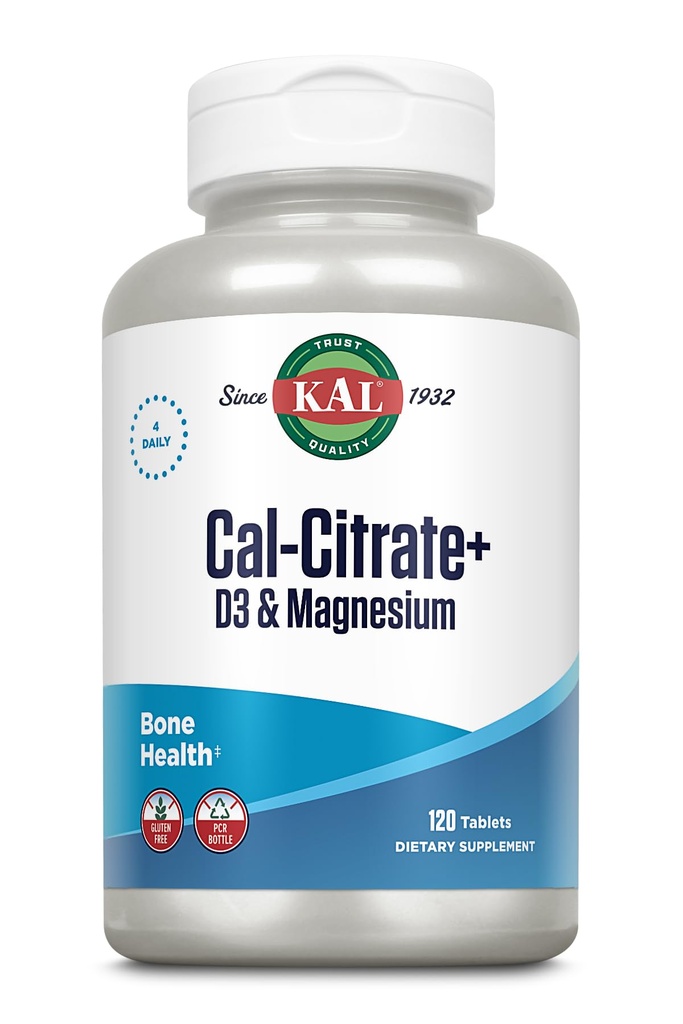 KAL Cal-Citrate+, Calcium Citrate Plus Vitamine D-3 et 500 mg de Magnésium, Bons et Dents Santé Soutien, sans gluten et laboratoire vérifié pour la qualité, 30 portions, 120 comprimés
