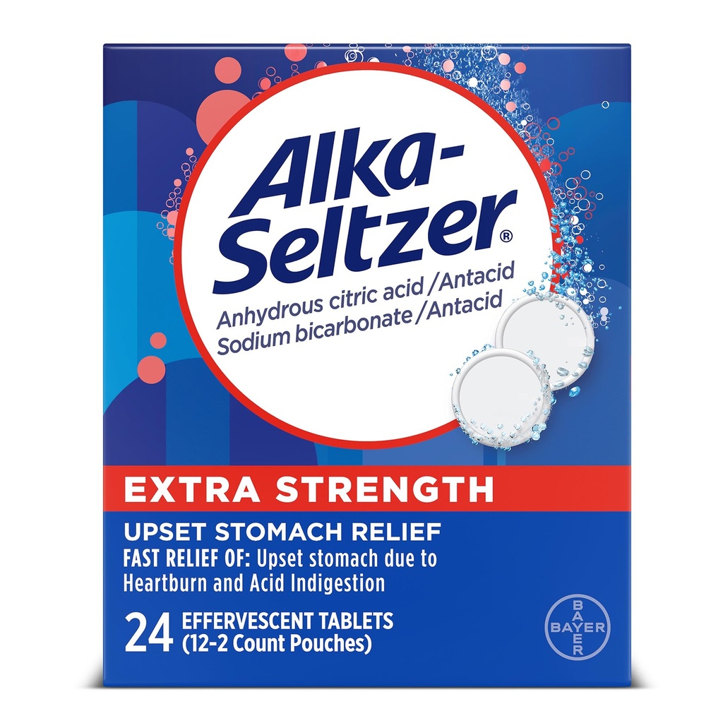 Alka-Seltzer Extra Strength Heartburn Relief Effervescent Antacid Tablets, Fast Indigestion Relief, 24 Ct