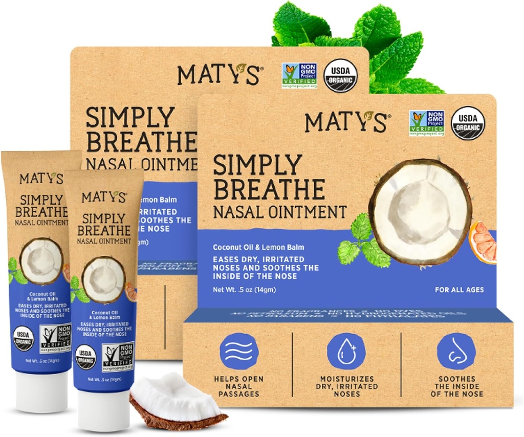 Matys Organic Simply Breathe Nasal Ointment for Dry Noses & Nostrils Due to Allergies, Nose Bleeds, CPAP & Oxygen Device Irritation, Clean Saline Alternative for Adults & Kids, 2 Pack, 0.5 oz Each